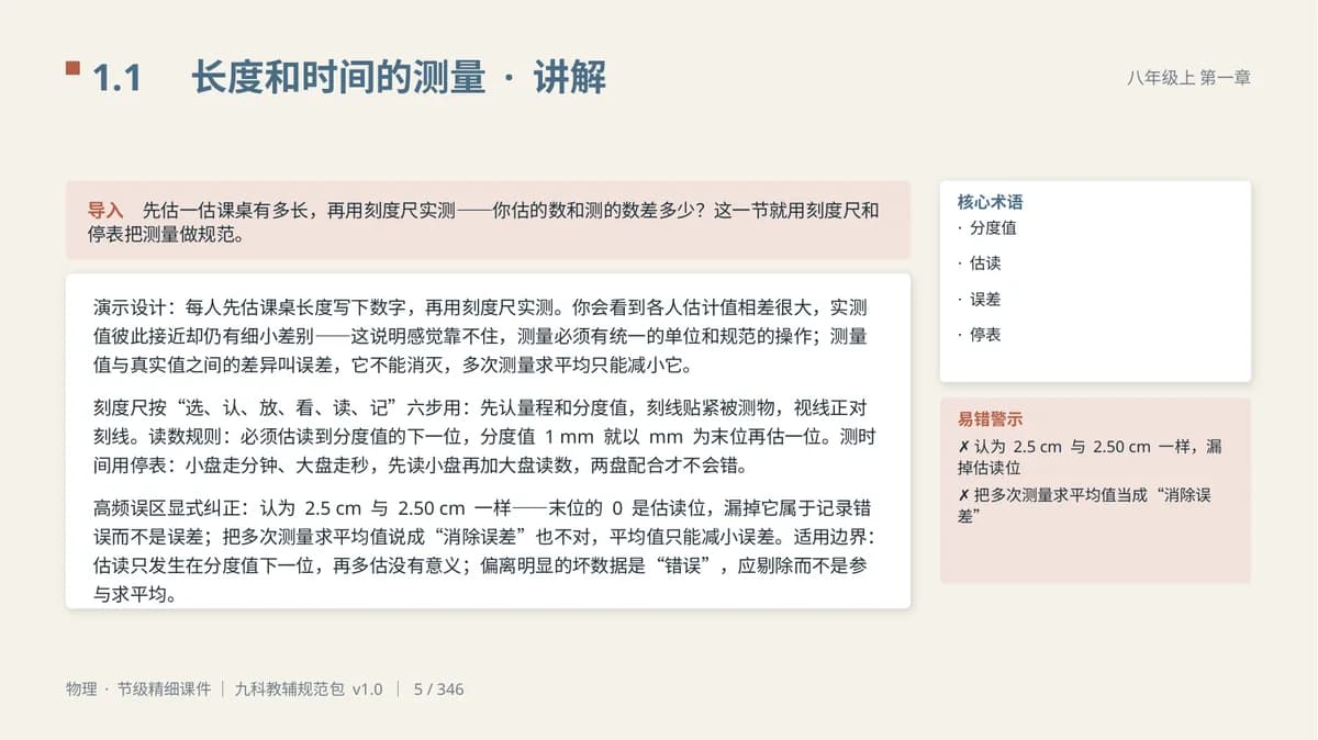 物理八上 1.1 长度和时间的测量 · 讲解页：导入问题、讲课文、核心术语与易错警示